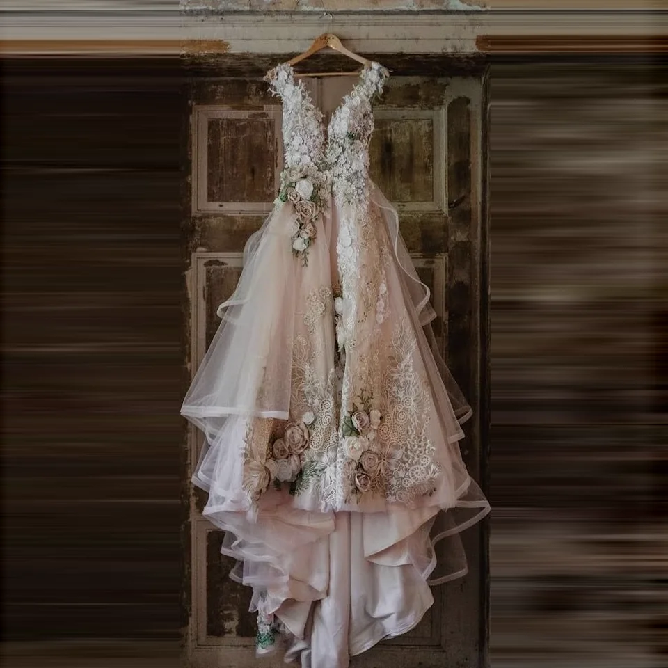 Vestidos de novia florales de estilo Hada, vestido de novia de graduación exuberante, apliques de malla larga, vestido de fiesta de una línea para bodas