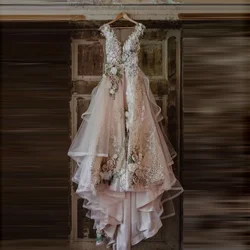 Fairy Style Floral Bride Gowns Lush Prom Wedding Gown Applique Mesh Long A Line Party Dress for Weddings robe de soiree