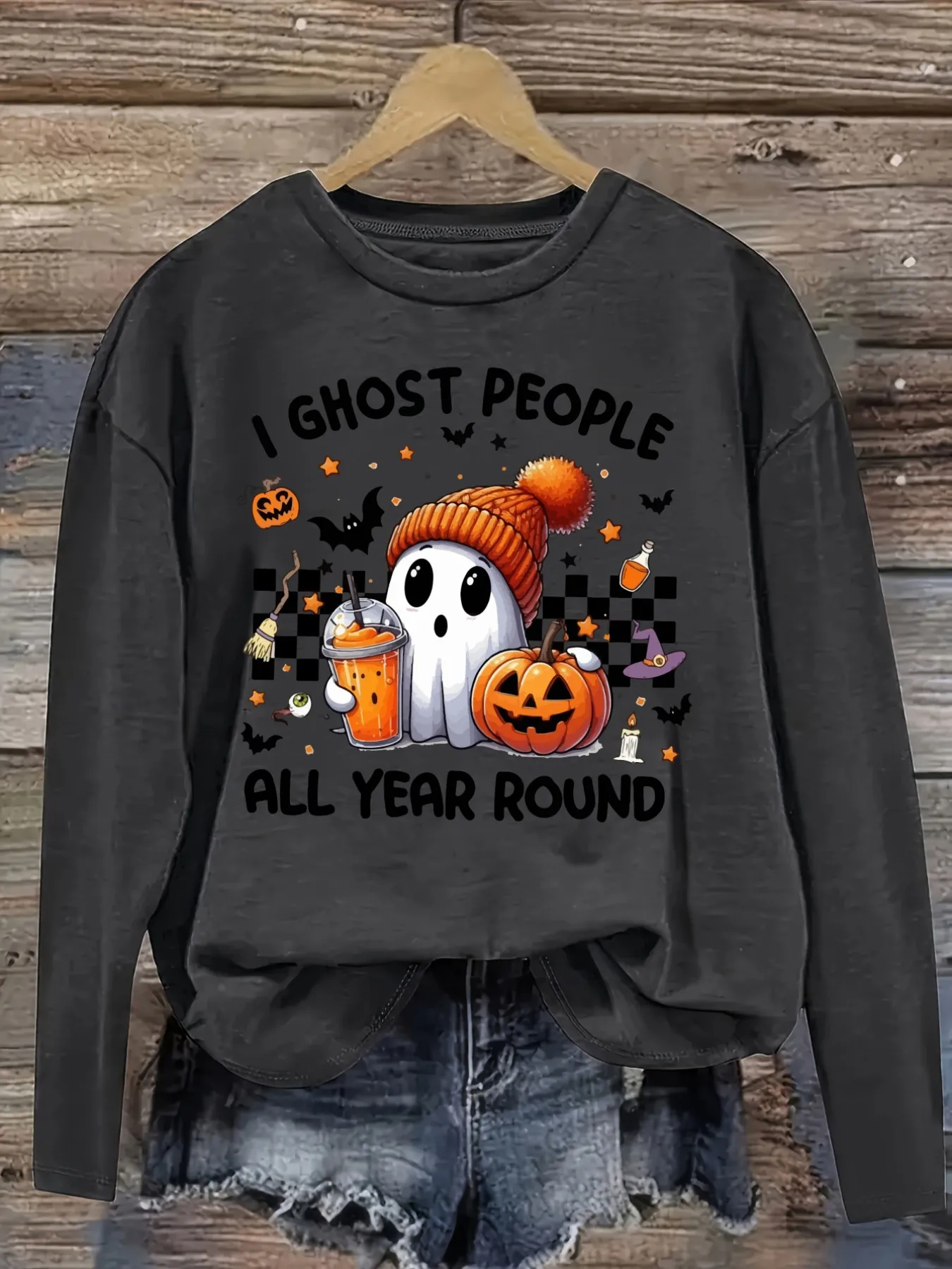 Women's Casual Long Sleeve Crew Neck T-Shirt I Ghost People All Year Round Design, Round Neck Women's Clothing, Machine Washable, Slightly Elastic, Loose Fit, Spring Autumn Winter Women's T-Shirt, Halloween Costume Outfit