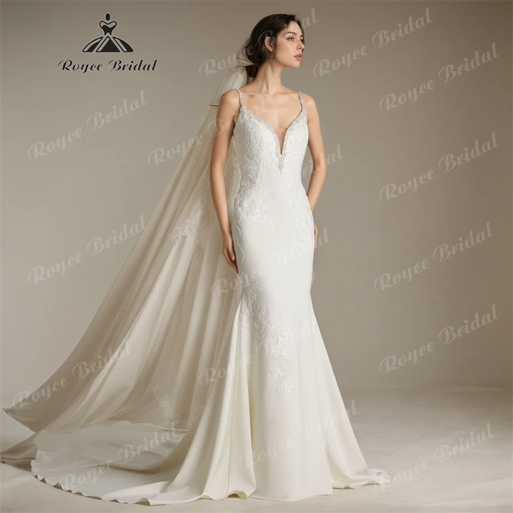 

RoyceBridal Свадебное платье русалки с v-образным вырезом, 2025, атласное кружевное свадебное платье со шлейфом по индивидуальному заказу فساتين طويلةbrautkleid