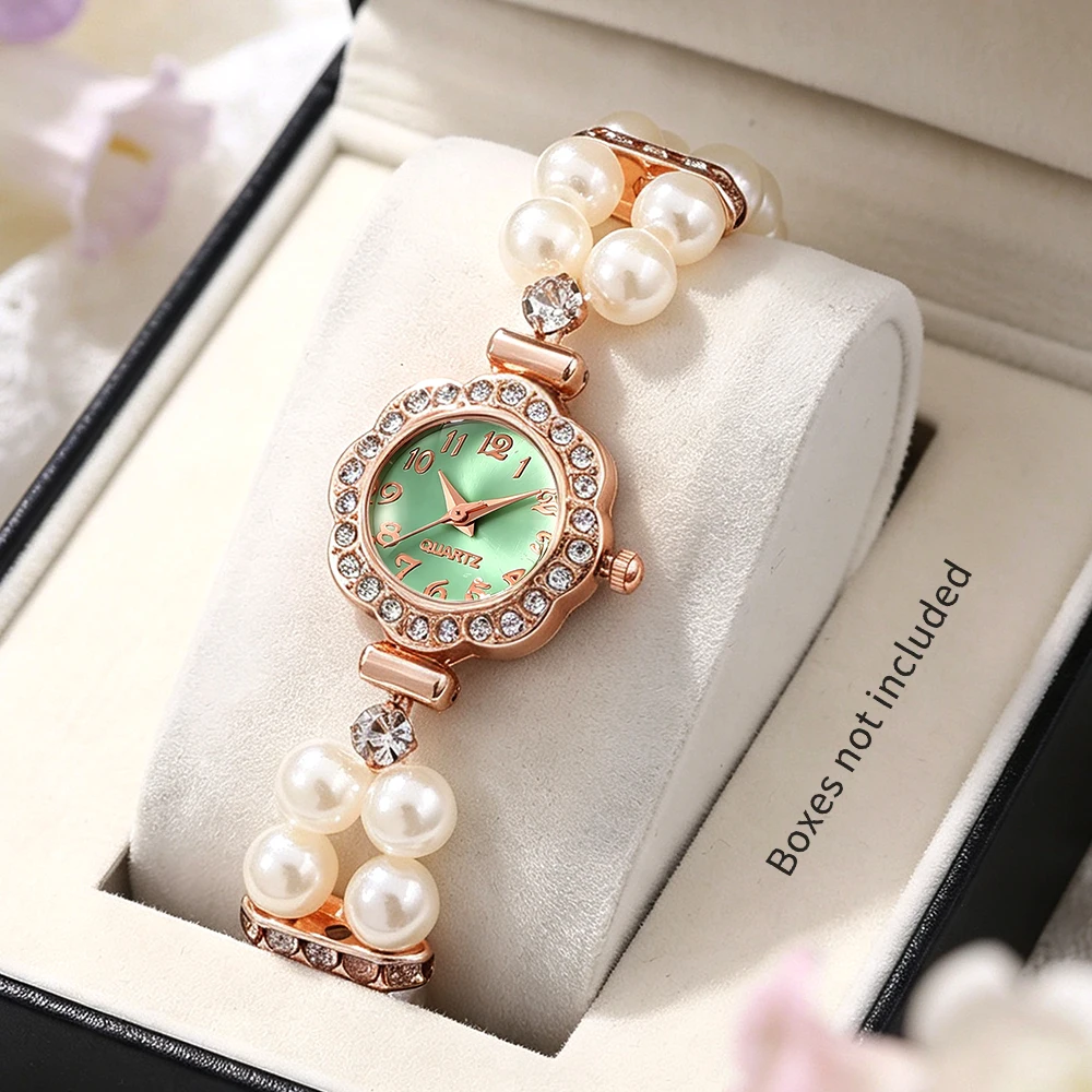 1pc ladies' French elegant double row elastic imitation pearl quartz watch, suitable for daily wear and holiday gifts
