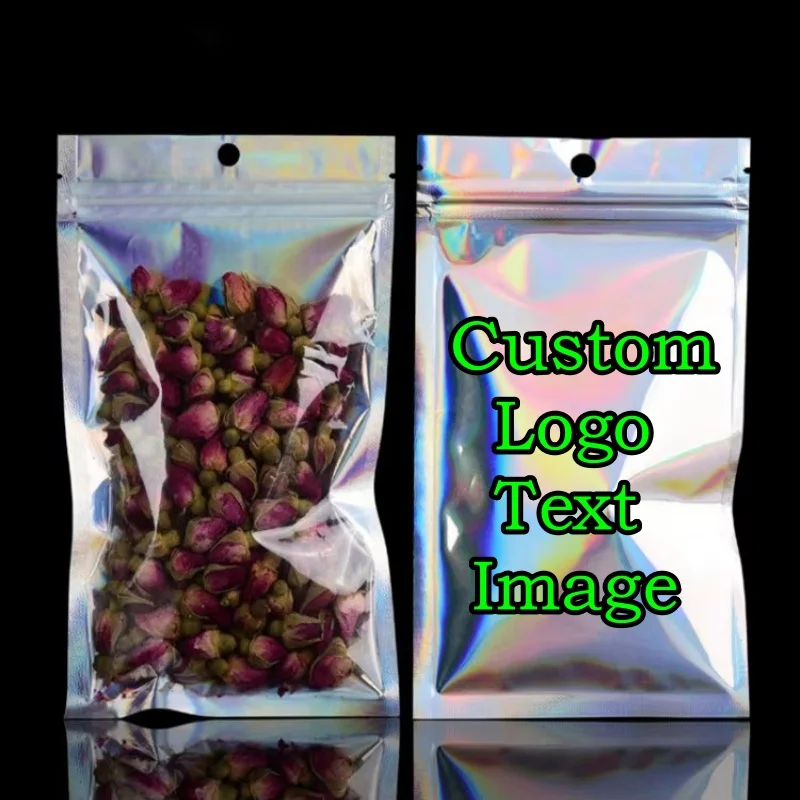 

200PCS Clear Holographic Ziplock Packaging Bag DIY Logo Matcha Snack Sugar Nail Stickers Candy Gifts Storage Hanging Pouches