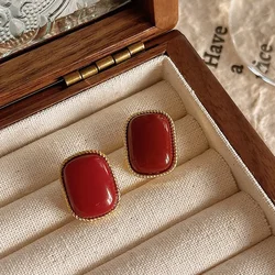 Baroque Red Color Square Stud Earring for Women French Romantic Resin Geometric Jewelry Christmas Girl Gift