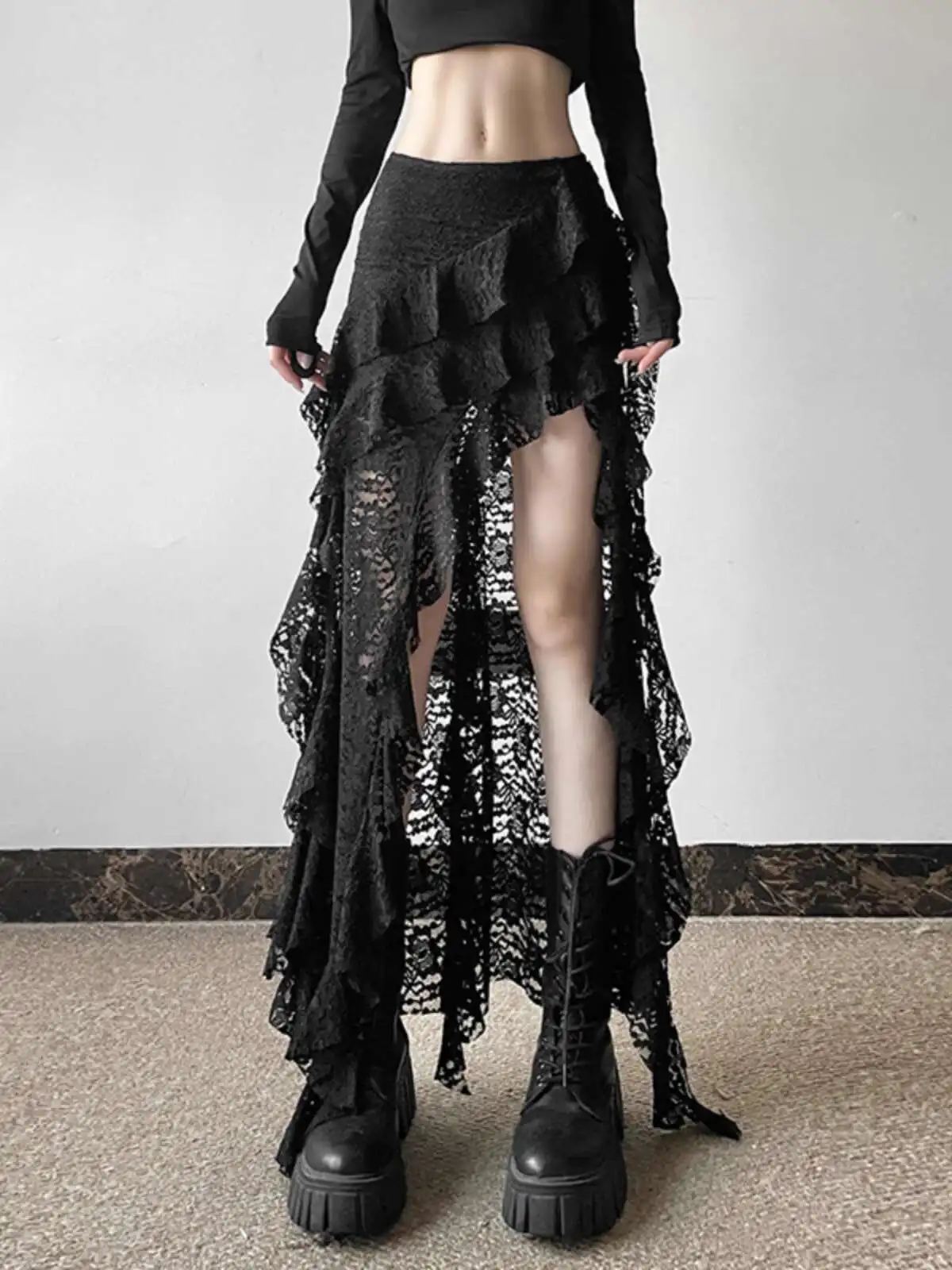 

Women Gothic Punk Black Skirts Hot Girl Style Lace Irregular Skirt Women High Waist Slimming Ruffle Short Skirts