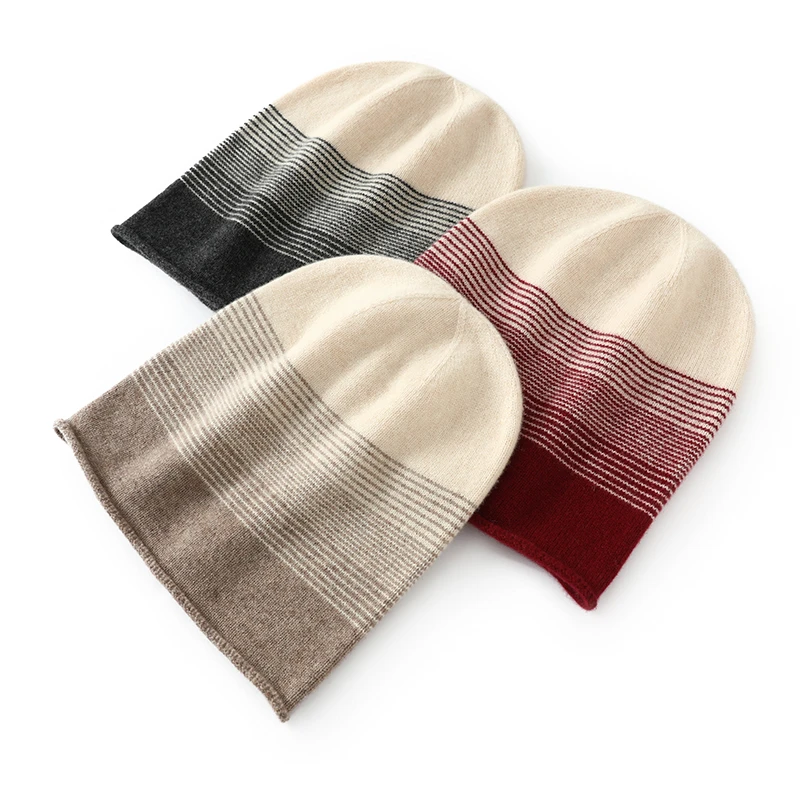100% Pure Wool Hat Autumn Winter New Style Rolled Edge Gradient Striped Slouchy Knit Hat Warm Head Wrap Ear Protection Cold Hat