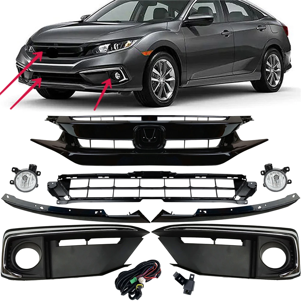 Front Upper Lower Grille and Fog Lights Kits(8 Pcs) For 2019 2020 2021 Honda Civic Sedan