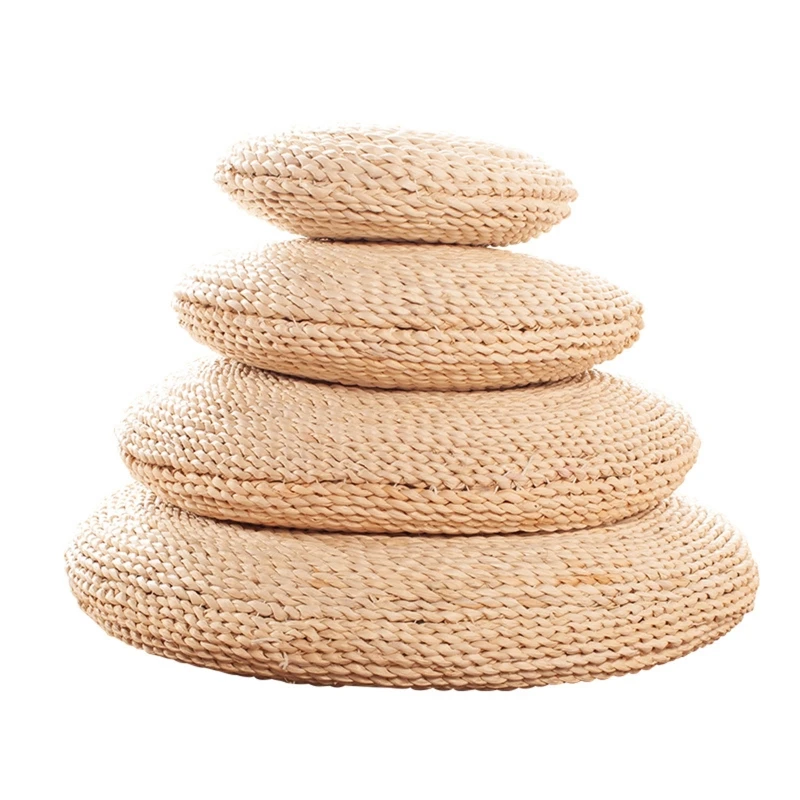 Woven Rattan Straw Thin Round Tatami Pouf Floor Pillow Sitting Cushion Yoga Mat A0KC