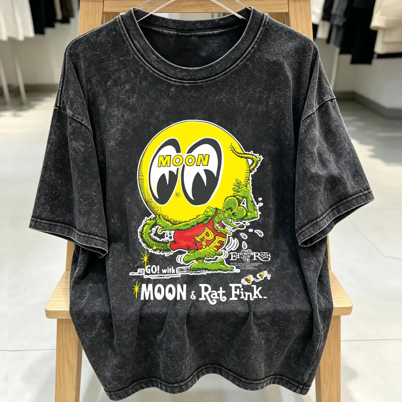 washed T Shirt MoonEyes Go With Moon Rat Fink Eyeball Cotton Black  vintage Washed graphic Stylish fashion designer clothes