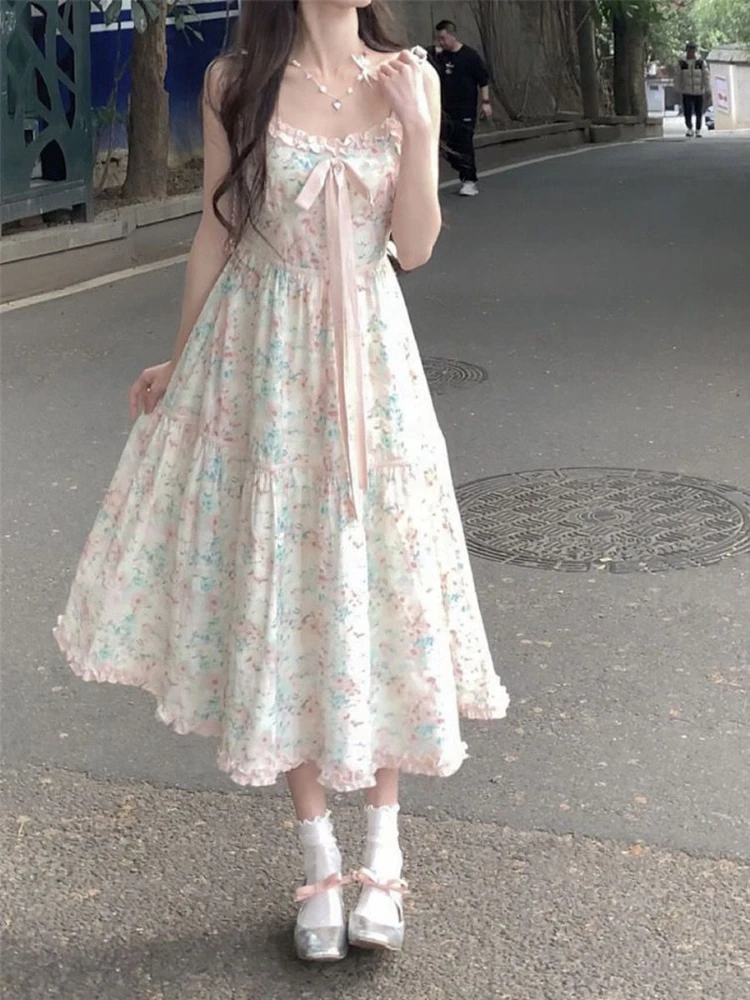 2024 Summer New Japanese Kawaii Y2k Midi Dress Women Casual Sweet Bow Splicing Flower Print Dress Korean Fashion Evening Party