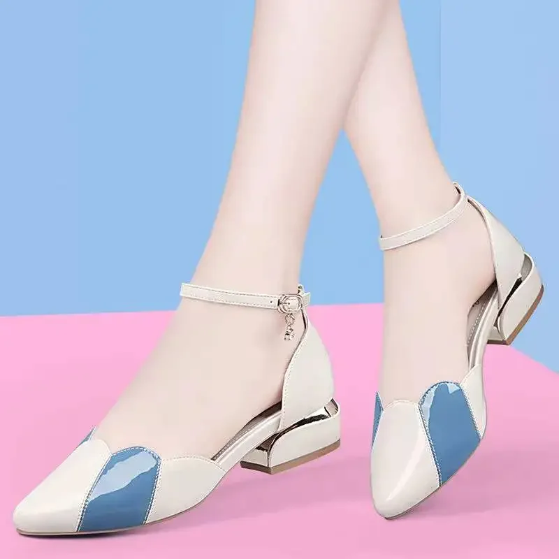 Women Cute High Quality Sky Blue Multi Color Buckle Strap Square Heel Shoes Lady Classic Beige Comfort Office Career Shoes E61