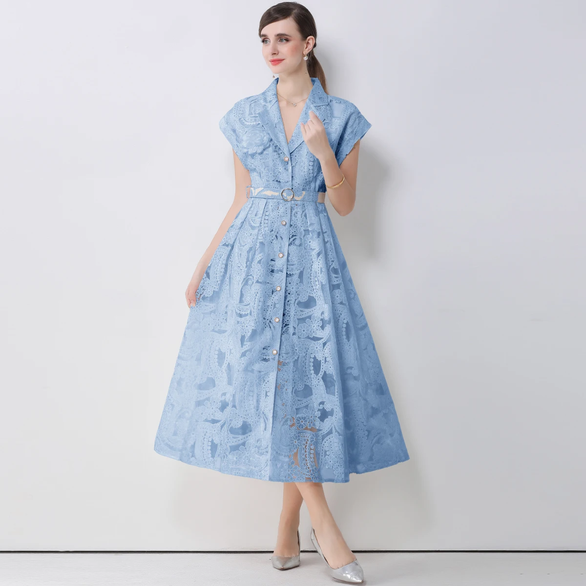 

Casual Solid Color Holiday Dresses Summer Women's Lapel Tie Up Lace Dress Sexy Hollow Short Sleeved Single Breasted Long Dress