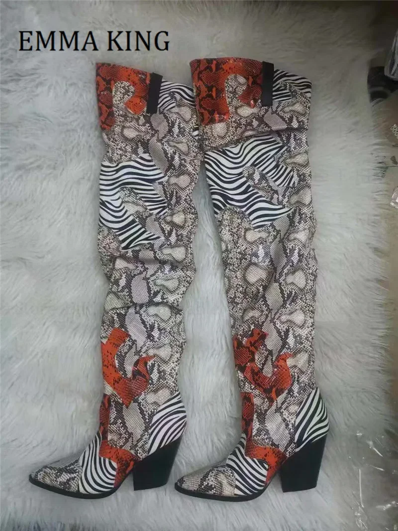 النساء حذاء بكعب سميك فوق الركبة الأحذية النمط الغربي أشار تو جلد الثعبان الفخذ عالية التمهيد السيدات الشتاء Botines Mujer بوتاس