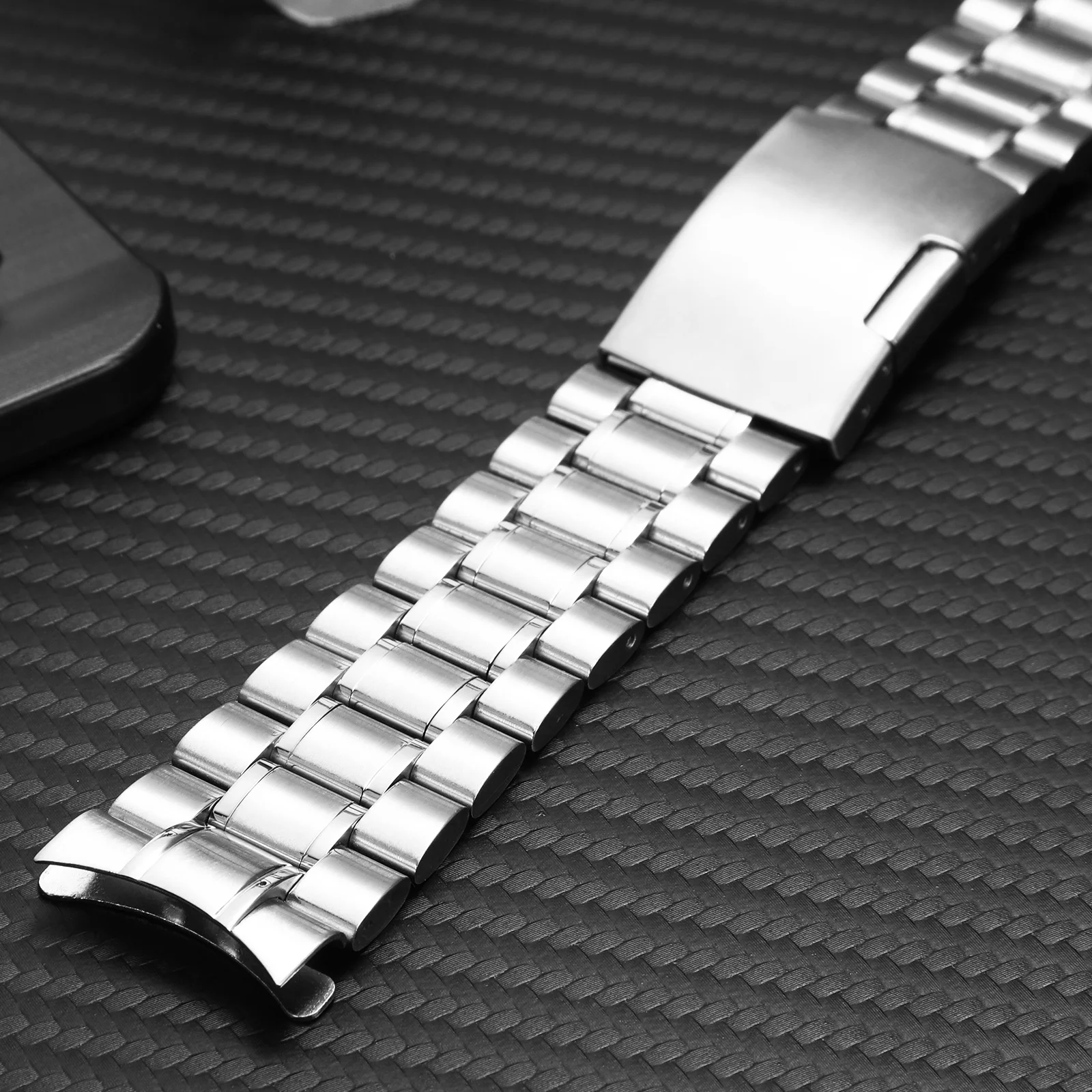 

22mm Stainless Steel Watch Band for Men Black 180mm Length 3.5mm Thickness Curved End Clasp Push Button Quick Release