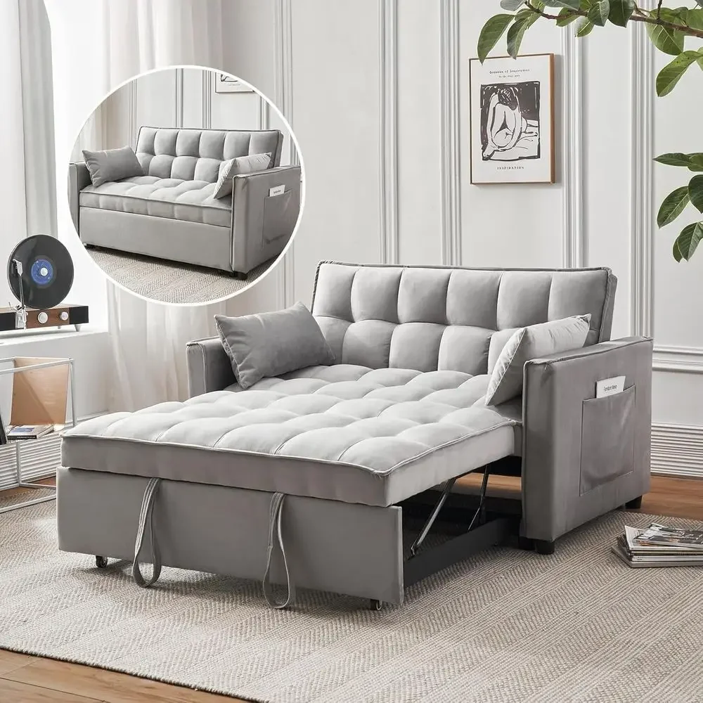 Velvet 3-in-1 Loveseat Sleeper Sofa with Pull Out Couch, Storage and Adjustable Backrest for Living Room (Light Grey)