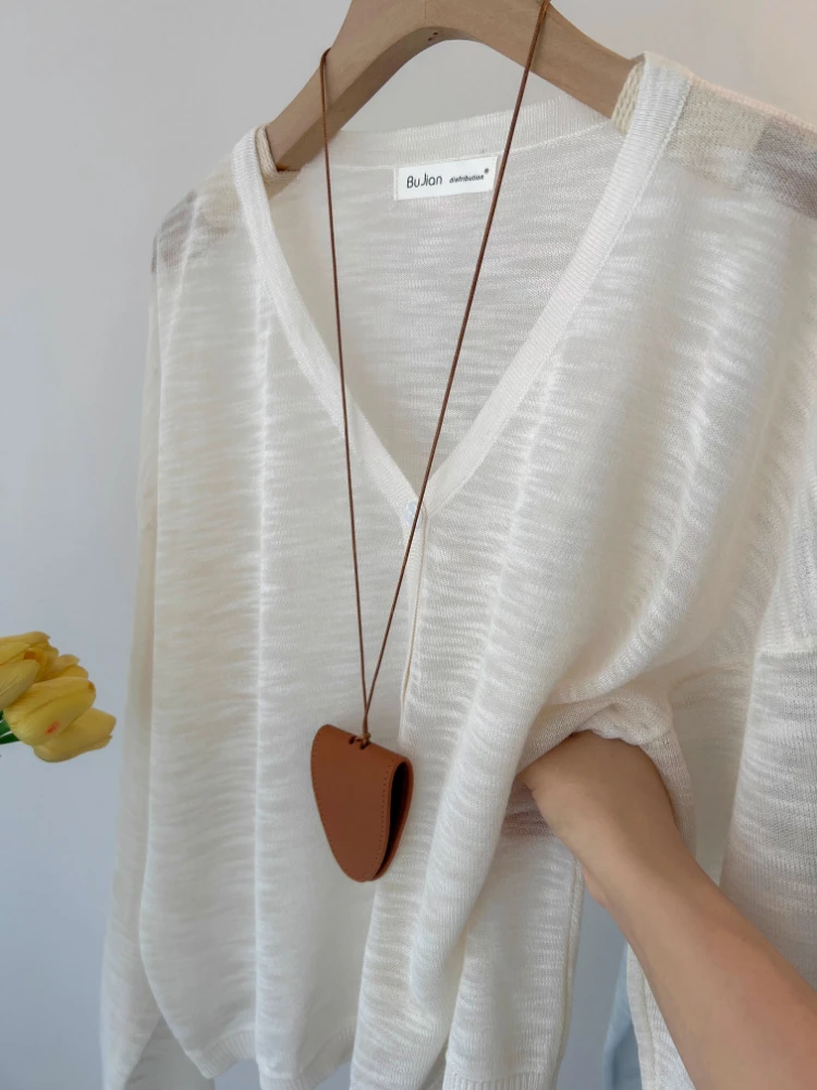 Lightweight V-Ne Bamboo Rayon Knitted Open Cardigan Women's Early Autumn Sun Protection Top Outerwear Loose Sensation Skirt