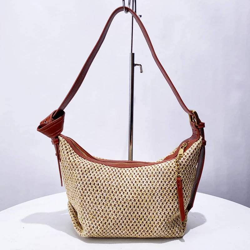 Hollow Out Decorate Hobos Bags For Women Luxury Designer Handbags And Purses 2024 New In Casual Weave Straw Shoulder Crossbody