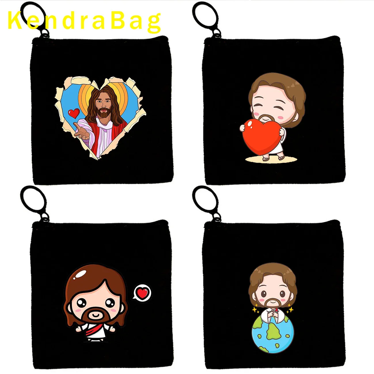 Cartoon Jesus Christ Floral Cross Love Faith Cute Christian Bible Belief Gift Canvas Coin Purse Key Case Bag Wallet Zipper Pouch