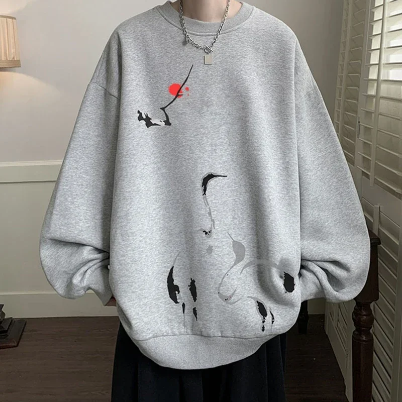 

Autumn Men's Ink Painting Crane Printed Pullover Hoodies 2024 New Hip Hop Fashion Crewneck Hoody Y2K Streetwear Sweatshirts