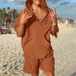 Leisure Vacation Beach Two Piece Set Men Casual Solid Color Cotton Linen Hoodie Suits Summer Mens Hooded Tops and Shorts Outfits