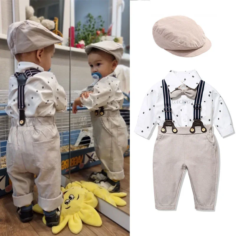 Toddler Boy Romper Gentleman Clothing Suit Newborn Jumpsuit Belt Bow Hat Set Baby Boys 1st Birthday Party Suit Wedding Outfit