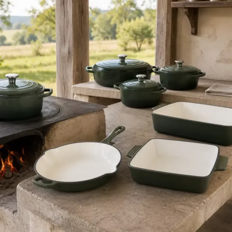 Multi Color Enameled Cast Iron Cookware Set Heavy Kitchen Pots Pans for Home Indoor Culinary Preparation Work