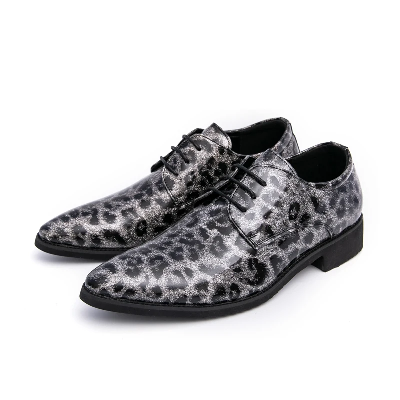 Men Big Size Leopard Print Casual Dress Shoes Glossy Patent Leather Formal Office Shoes Lace Up Party Wedding Business Oxfords
