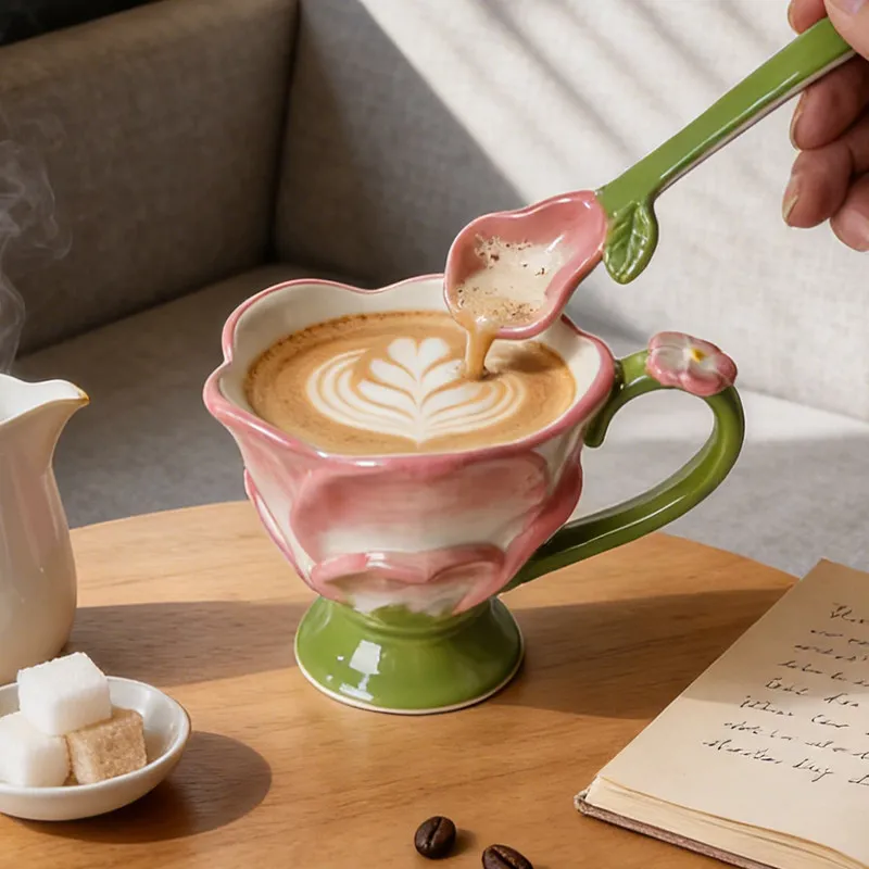 High Beauty Flowers Shaped Female Ceramic Mug Creative Splicing Color Design Household Coffee Cup Gift Water Cup Milk with Spoon