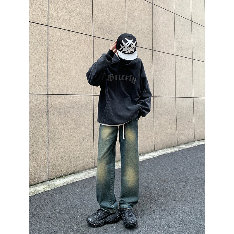 Vintage Blue Jean Pants Men Hip Hop Denim Trousers Male Streetwear Fashion Elastic Waist Autumn Retro Casual Straight Jeans