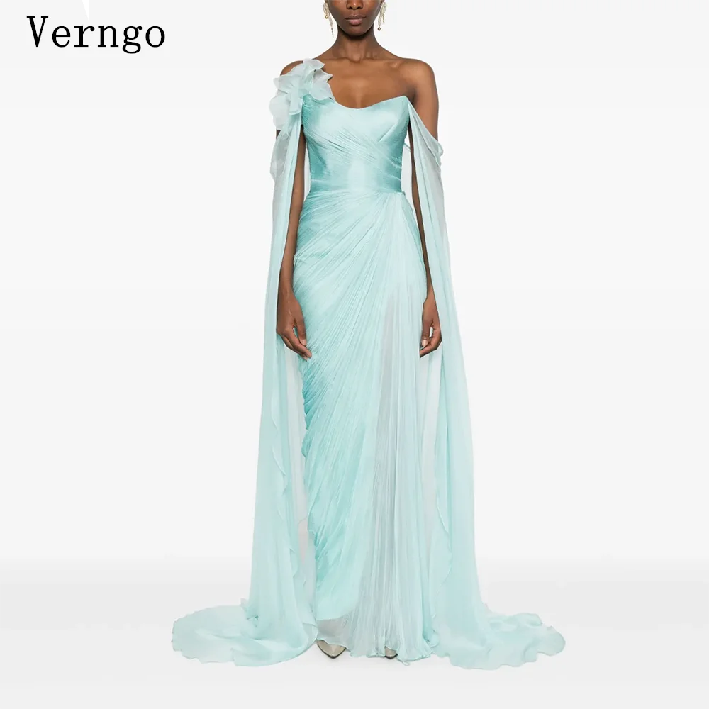 

Verngo Blue Shiny Evening Dress One Shoulder A Line Slim Prom Gowns Women Elegant Floor Length Party Dress Customized