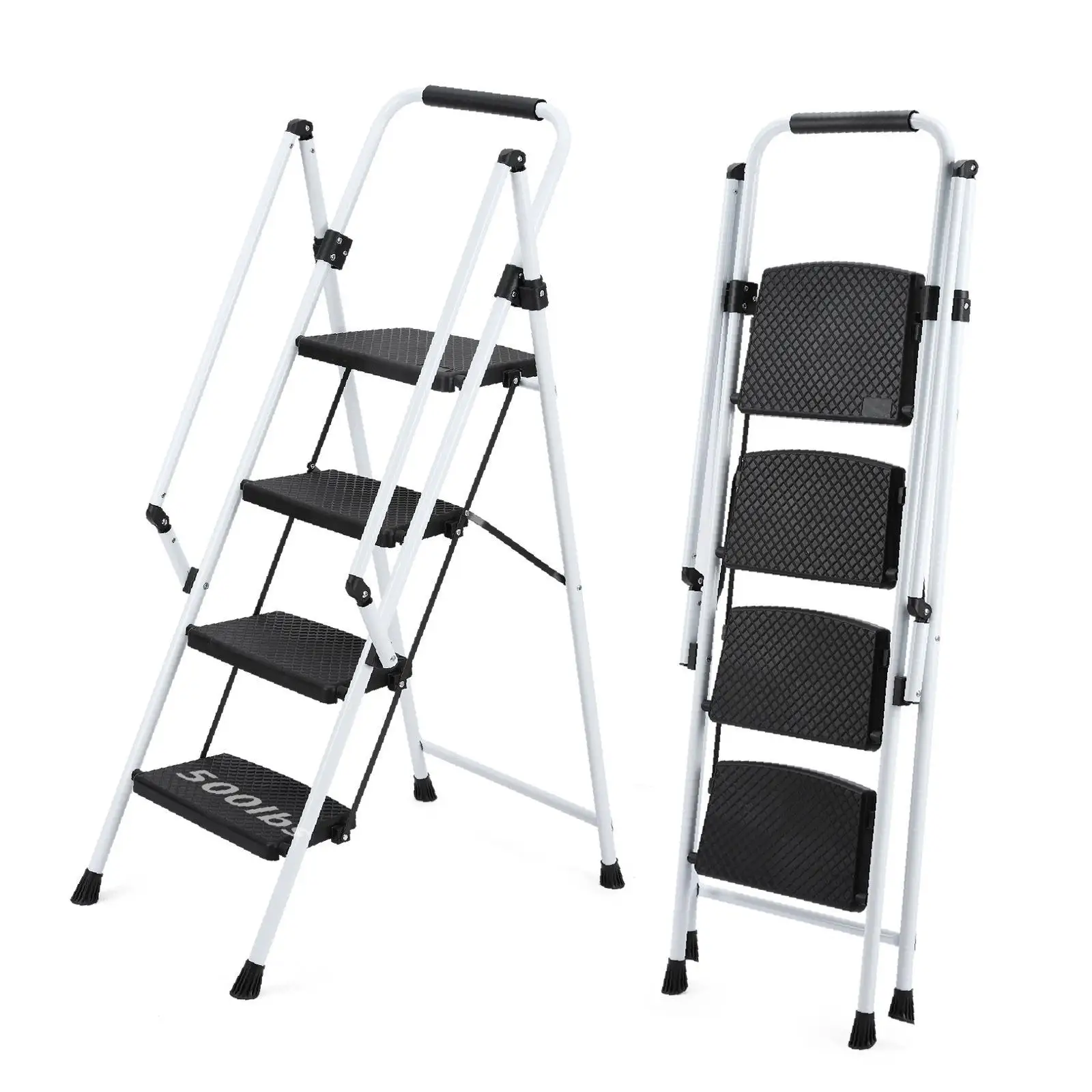 

Широкая белая складная стремянка-табурет с эргономичными нескользящими ступенями для дома, кухни, офиса, использования в помещении и на улице