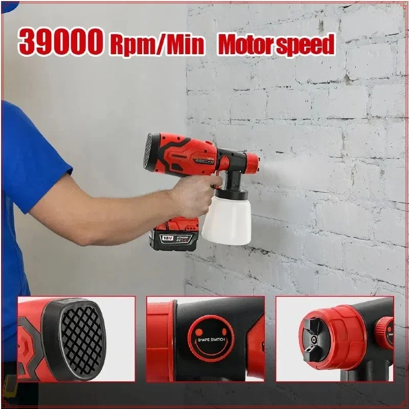 600W Paint Spray Gun 800ML Tank & 39000 RPM Brushless Motor Auto Furniture Wall Car Sprayer For Milwaukee 18V Battery