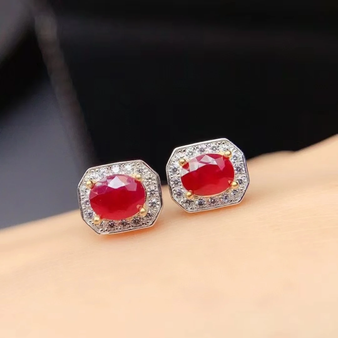 Simple Silver Gemstone Stud Earrings 4mm*5mm Natural Ruby Earrings 925 Silver Ruby Stud Earrings for Daily Wear