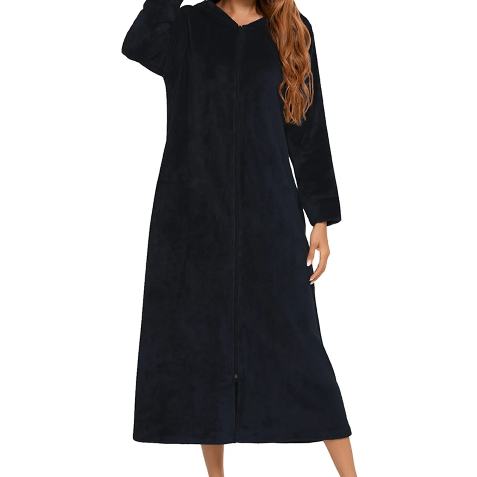 Winter Long Fleece Bathrobes Sleepwear Gown Autumn Warm Hooded Home Wear Women's New Solid Color Zipper Bath Robe Dressing