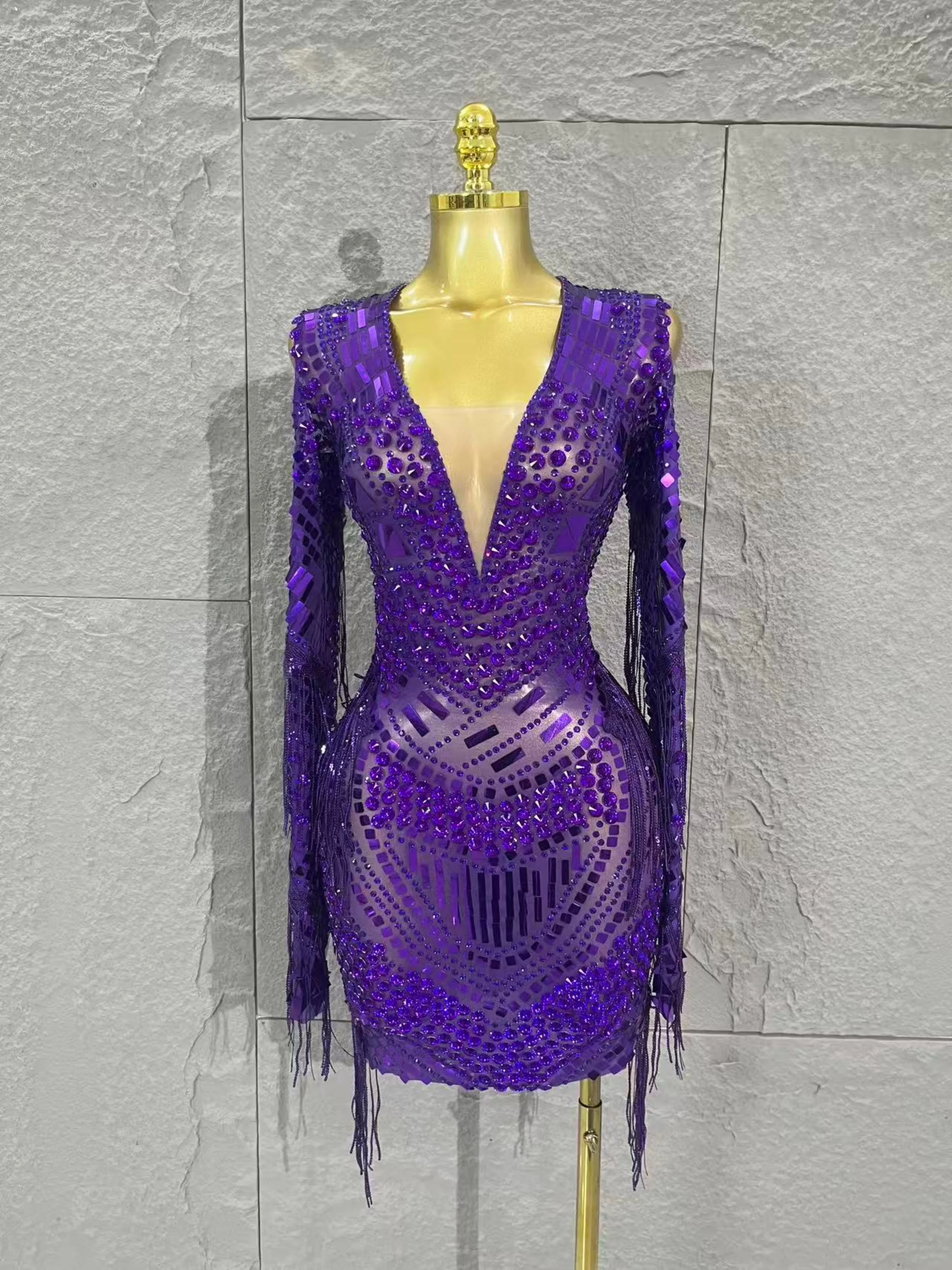 

Luxurious Diamonds Crystal Sexy Perspective Mini V-neck Dress Women Birthday Party Celebrate Stage Performance Costume