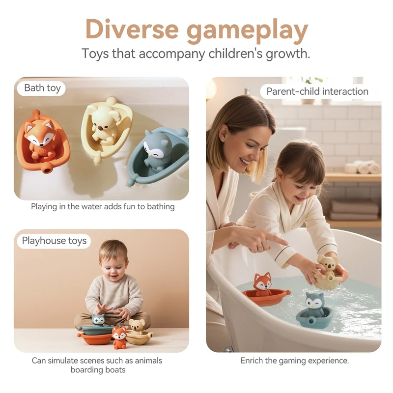BPA-Free Kids Bathroom Stackable Floating Boat Bath Toy Teething Toy Suitable for Infants and Toddlers Animal Finger Puppet Toy