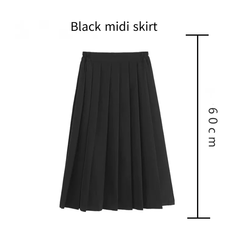 Womens Summer JK Uniform Pleated Short Skirt Mid-length Skirt Academic Style Waist Plus Size Black Student Skirt