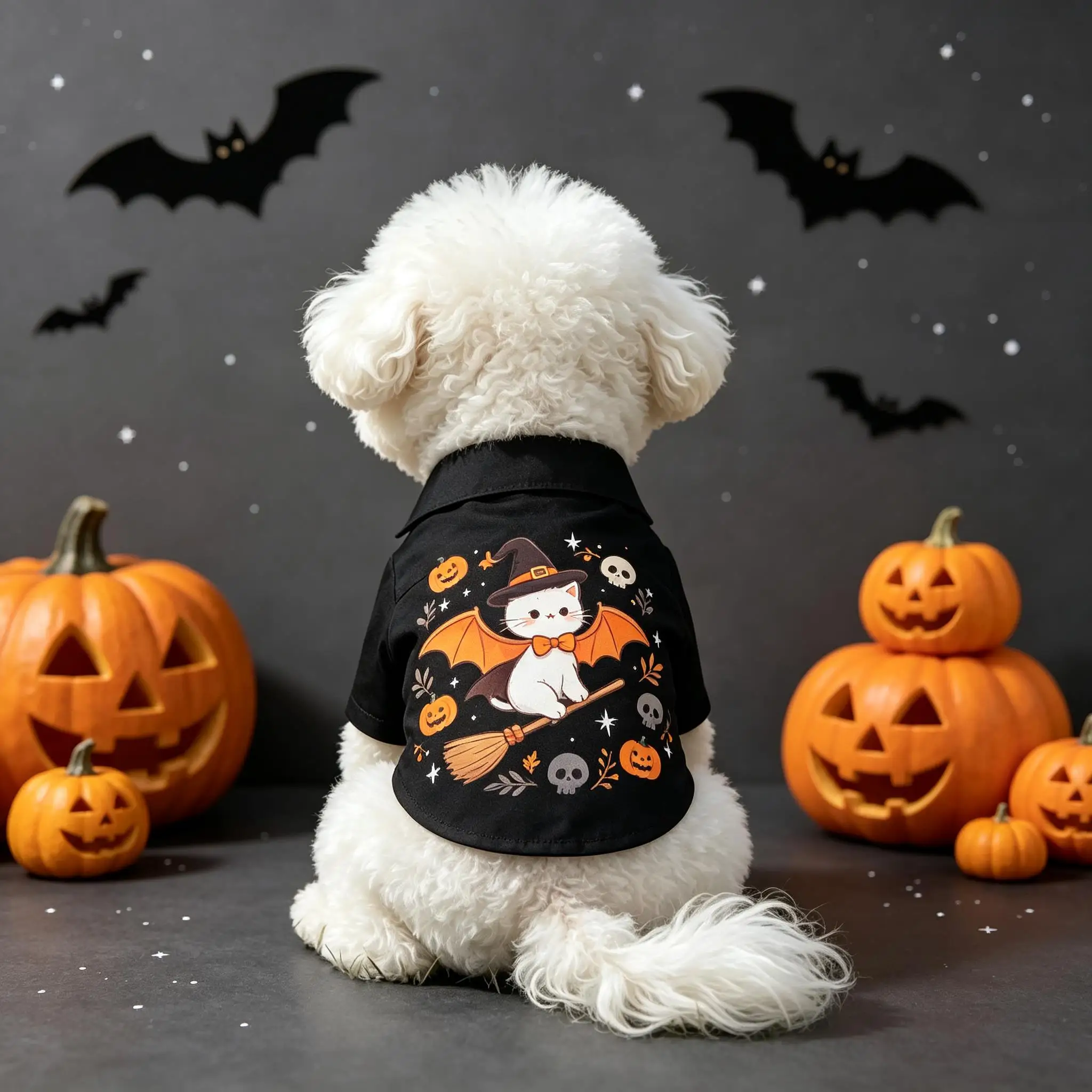 Pet Dog Shirt Black Bat Cat Witch Hat Print Lightweight Button Up for Small Medium Dogs Halloween Party Daily Wear