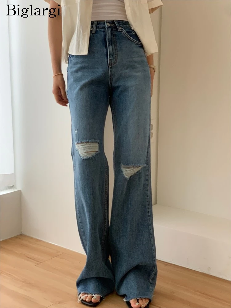 

Jeans Autumn High Waist Retro Pant Women Hole Hollow Out Fashion Ladies Trousers Korean Style Loose Pleated Woman Long Pants