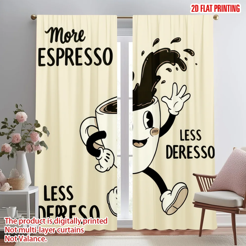 

2D flat printing 2pcs Curtains Happy Coffee Jumping Digital Printed Polyester Drapes All Season Party & Holiday Decor Use for