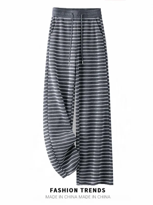 Automne incontournable paresseux jambe droite pantalon coréen Sle rayé pantalon décontracté avec kets doux drapé dames taille haute pantalon