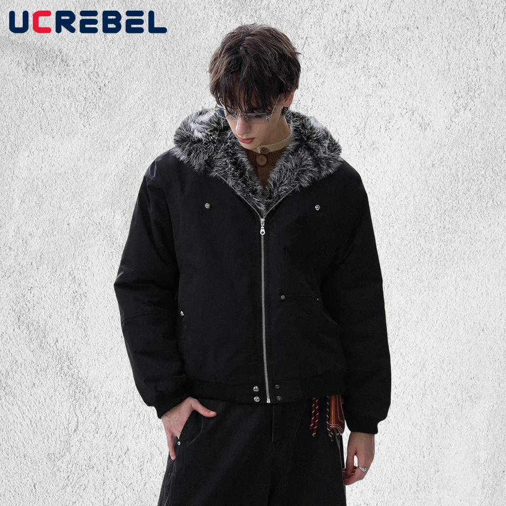 

Pocket Hooded Padded Jacket Mens Winter High Street Loose Fur Collar Long Sleeve Thick Quilted Jacket Man Outerwear