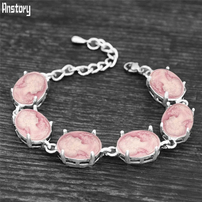 Oval Lady Queen Cameo Bracelets For Women Vintage Antique Silver Plated Prong Resin Fashion Jewelry