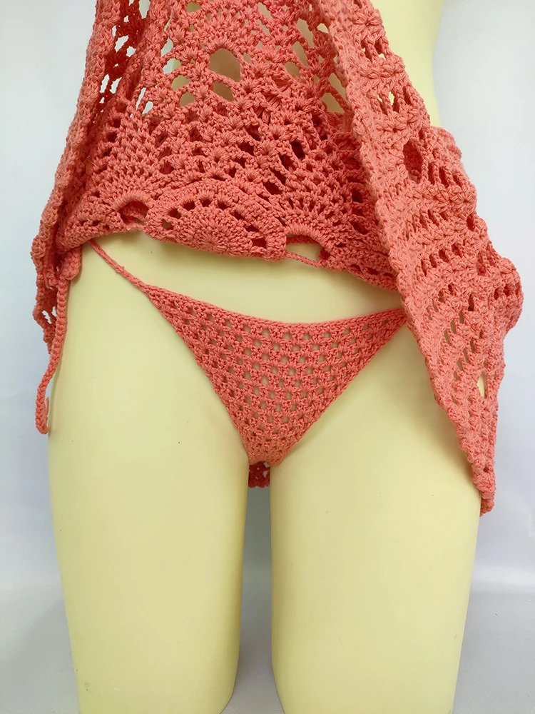 3 Pieces Bikini Set Sexy Knitted Bikini Thong Bathing Suit Women Crochet Swimsuit With Skirt Hollow Out Swimwear Lady Summer