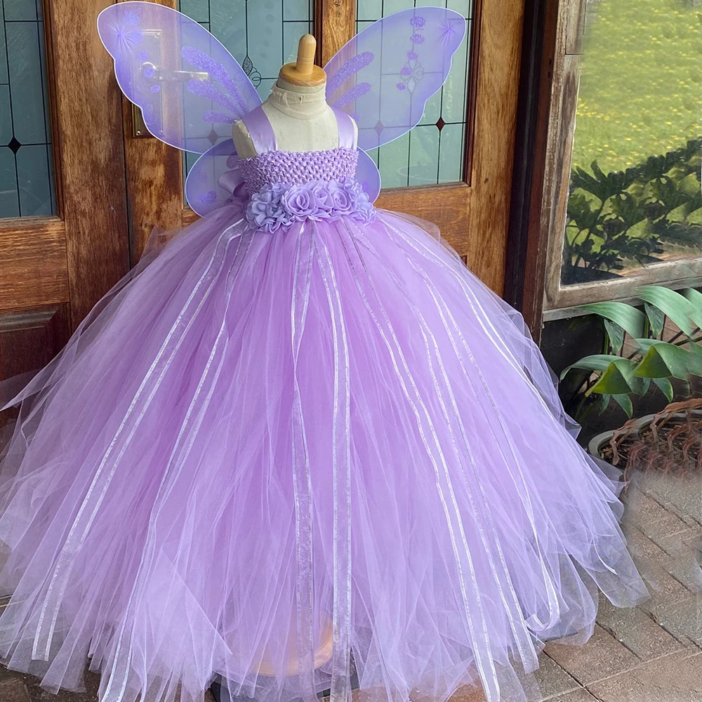 Girls Lavender Fairy Dress Kids Crochet Flower Tutu Dress Ball Gown with Butterfly Wing Children Birthday Party Costume Dresses