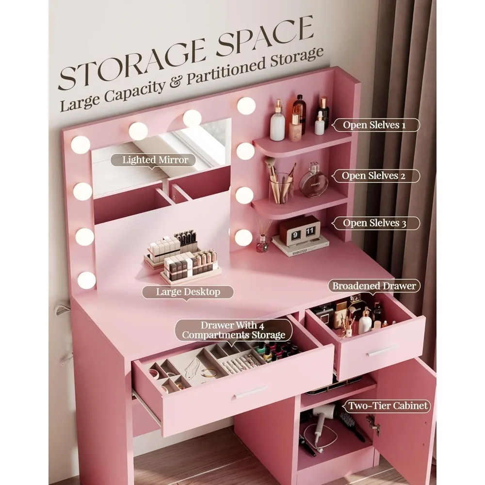 Vanity with Lights, Makeup Vanity with Mirror, 3 Lighting Modes, for Bedroom