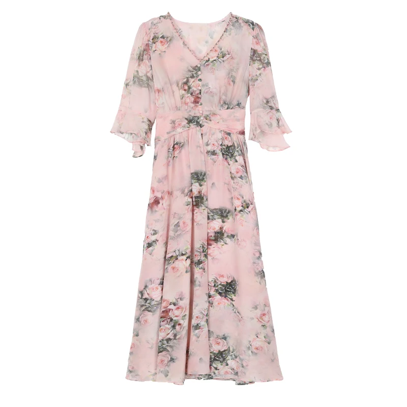 Vrouwen Boho Roze Bloemen Zijden Midi Jurk Lente Zomer Korte Mouw Bodycon Nieuw in Jurk 2025, Koreaanse Mode Elegante Feestjurk