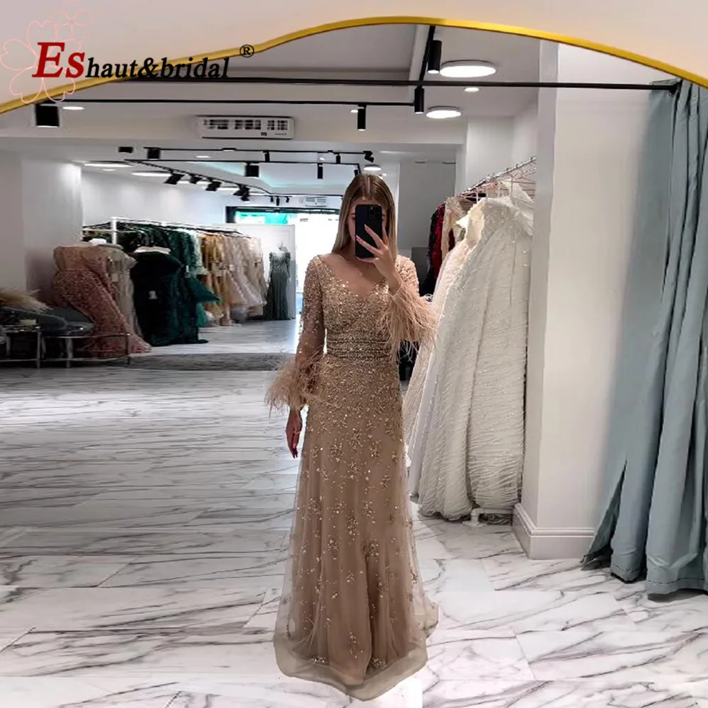 Elegant Dubai Feather Evening Dress for Women 2024 O Neck Aline Long Sleeves Beads Formal Prom Wedding Party Gowns Customized