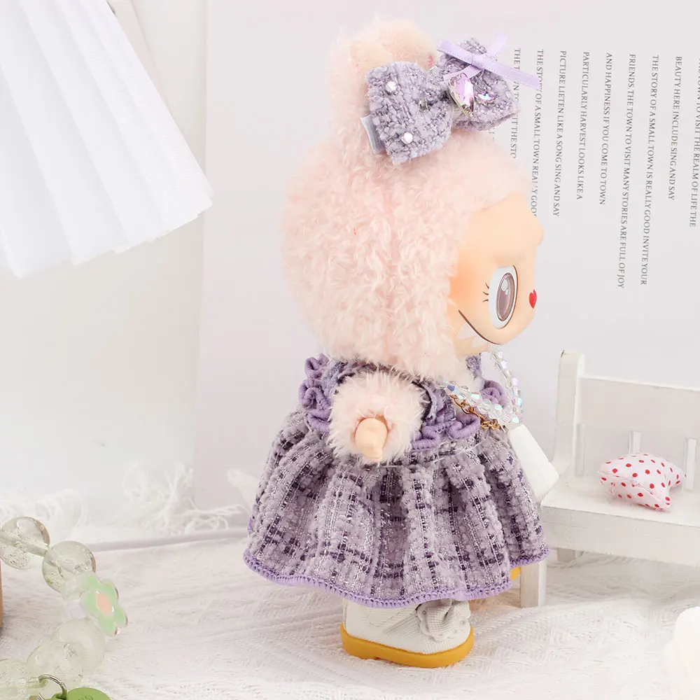 For Labubu Purple small fragrant dress with hairpin, pearl necklace, and white bag  Doll Costumes  17cm Clothing Shoes Doll DIY