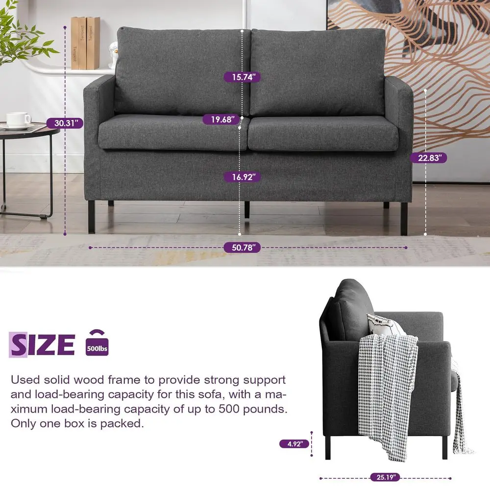 

Linen Fabric Modern Small Loveseat Sofa Couch for Living Room, 51 W Little Upholstered 2Seater Mini Love Seats w Iron Legs for