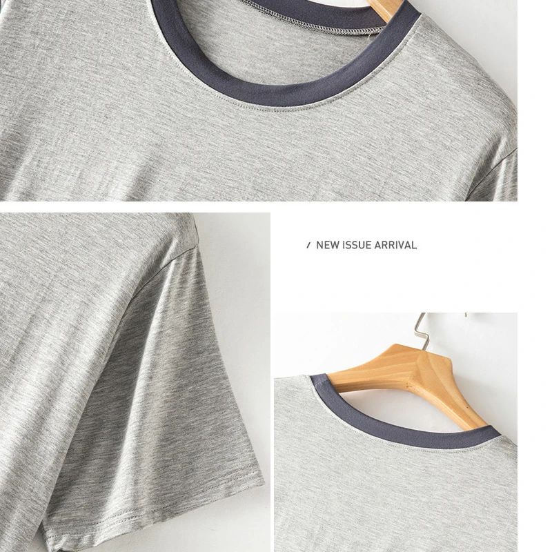 Modal Men's Striped Short Sleeved T-Shirt Round Neck Half Sleeved Base Shirt Pajamas Casual Top Soft Casual Sleepwear Homewear